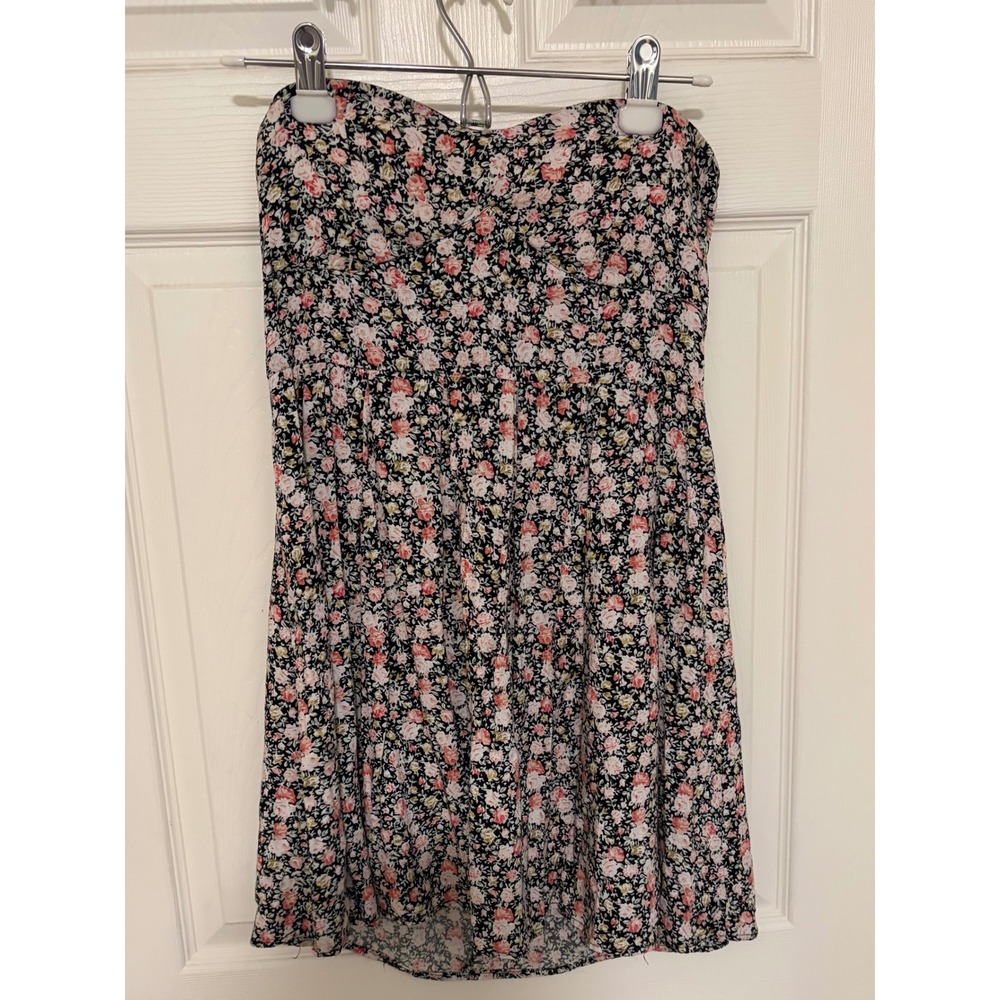 Feathers Strapless Floral Mini Dress Black Pink Sweetheart Fit Flare Smocked EUC